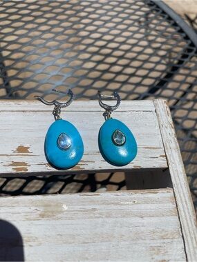 Turquoise Teardrop Dangle Earrings with blue topaz/ 14 k gold Stone Accent